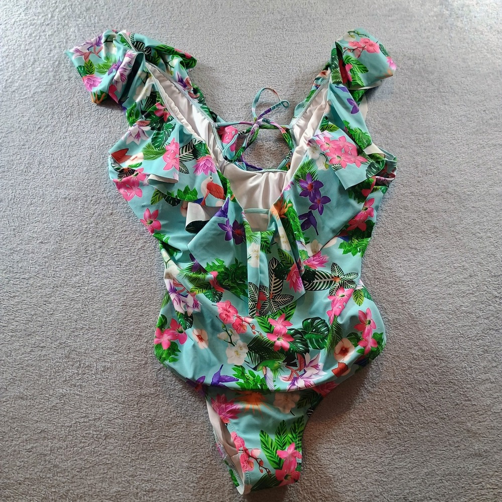 Unbranded Womens One Piece Swimsuit Blue‎ Tropical Floral XL Ruffle V-Neck